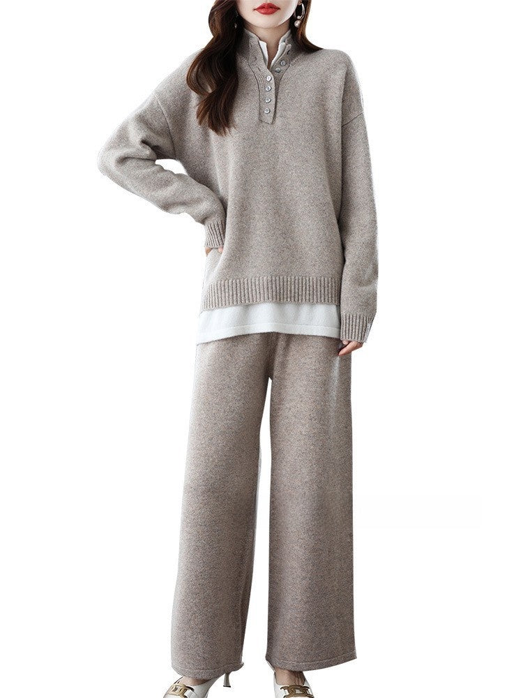 Women's Wool Knit Two-Piece Set Loose Sweatshirt Wide-Leg Pants Casual Suit teemdrop
