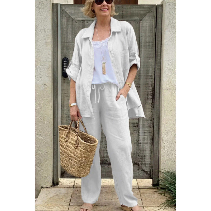 Women's Linen Blend Long Sleeve Shirt Trousers Suit
