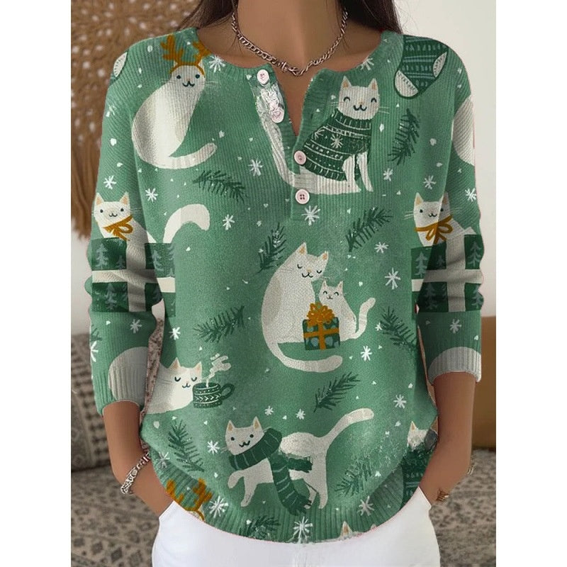 Women Retro Christmas 3D Print Four-Button Stand-Up Collar Long Sleeve T-Shirt teemdrop