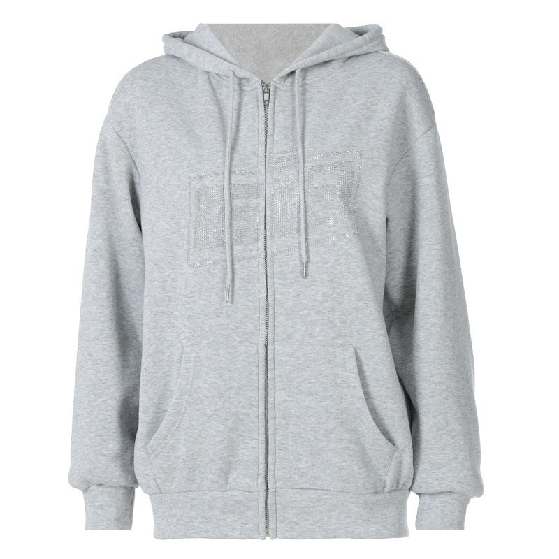 Zip Up Hoodie with Rhinestone Lettering