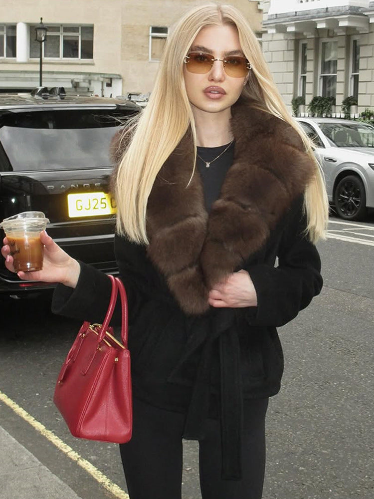 Women's Elegant Faux Fur Collar Tie-Waist Woolen Coat teemdrop