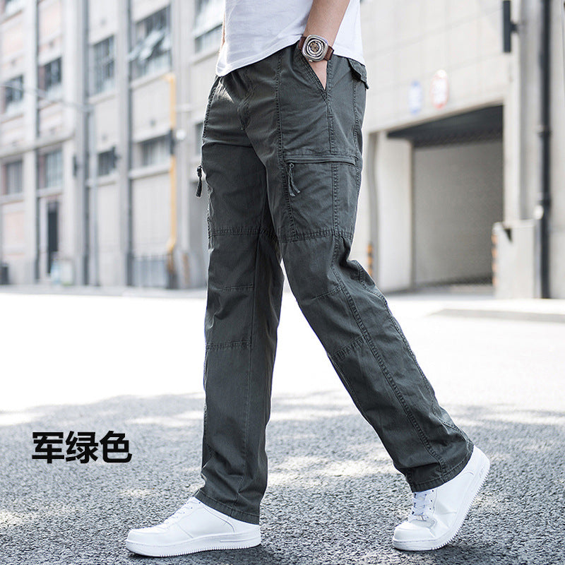 Men Pure Cotton Loose Fit Multi-Pocket Cargo Pants Breathable Straight Leg Casual Trousers teemdrop