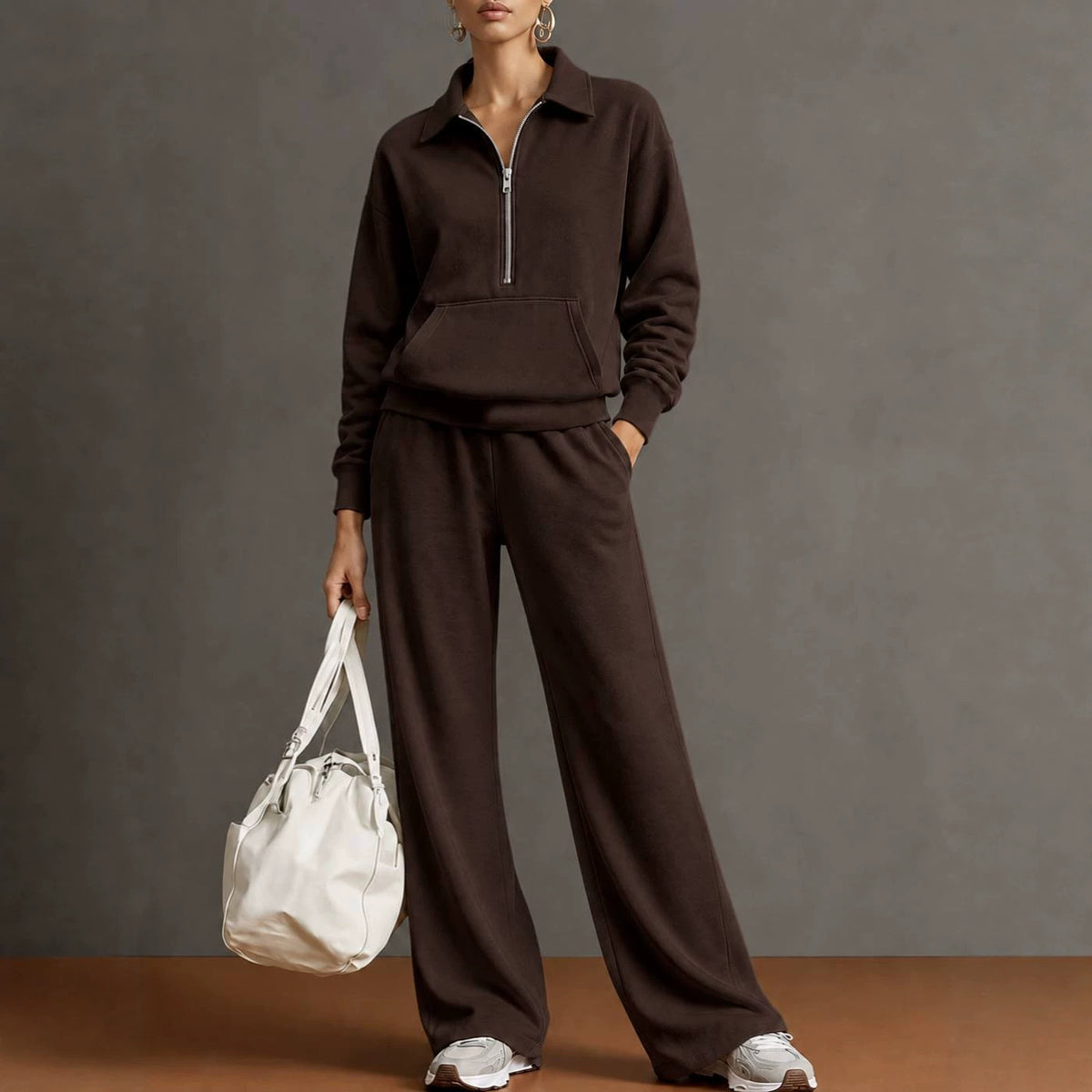 Women Two-Piece Half-Zip Sweatshirt and Wide-Leg Pants Set teemdrop