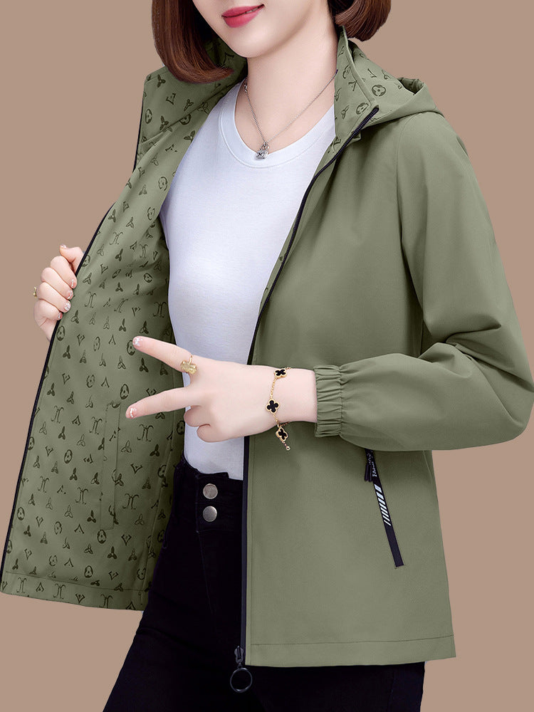 Women Reversible Hooded Long Sleeve Loose Polyester Windbreaker Jacket teemdrop