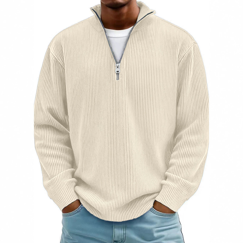 Men's Stand Collar Zipper Corduroy Long Sleeve Polo Shirt teemdrop