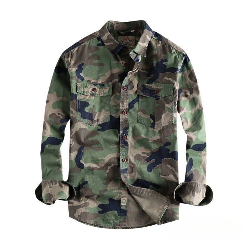 Men's Washed Camouflage Long-Sleeve Cotton Workwear Shirt teemdrop