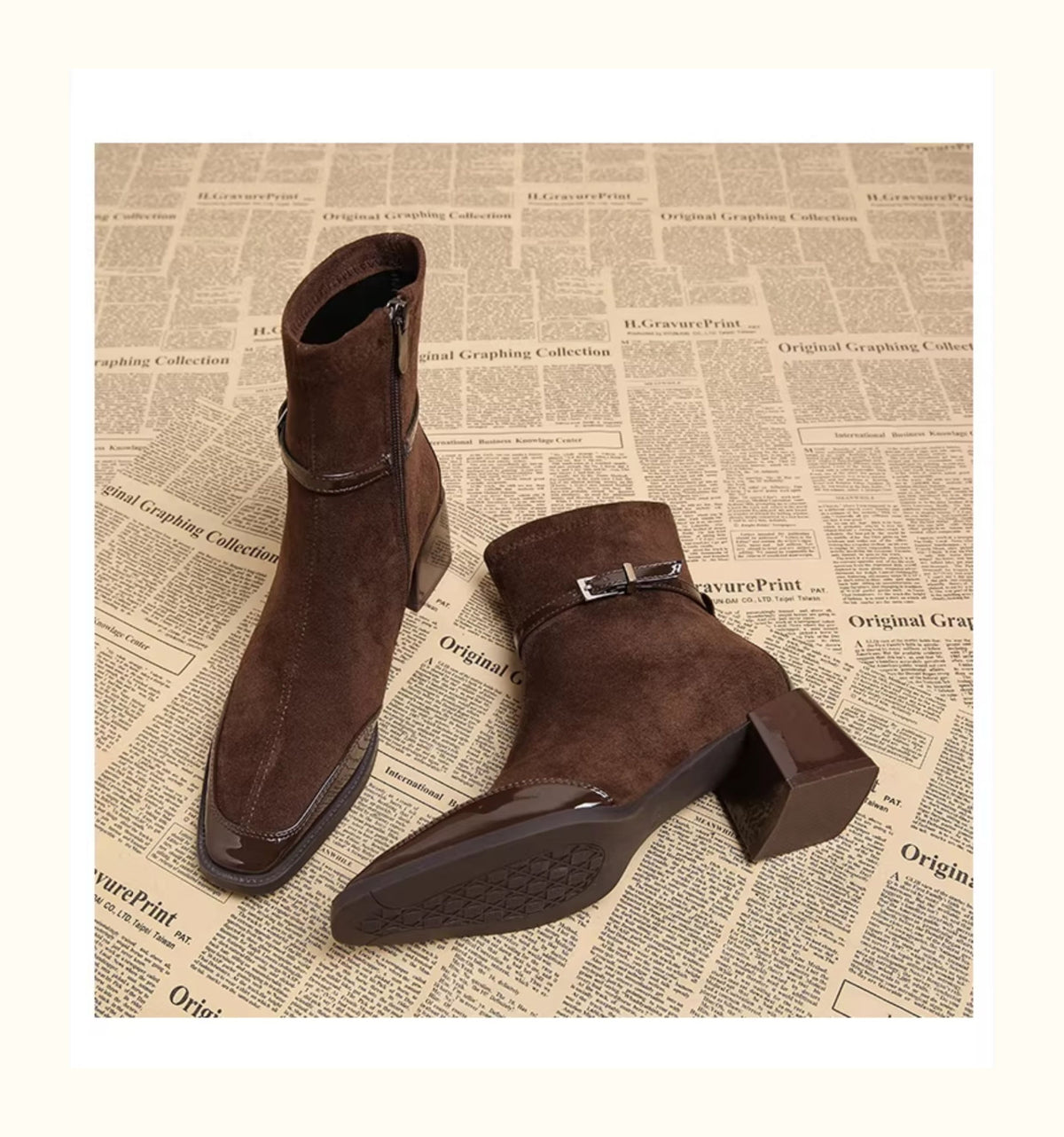 Women Pointed Toe Suede Chunky Heel Ankle Boots Side Zipper Chelsea Boots teemdrop