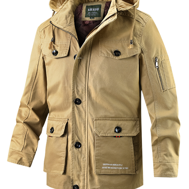 Men's cotton casual jacket with hood and stand-up collar, long and full-length coat