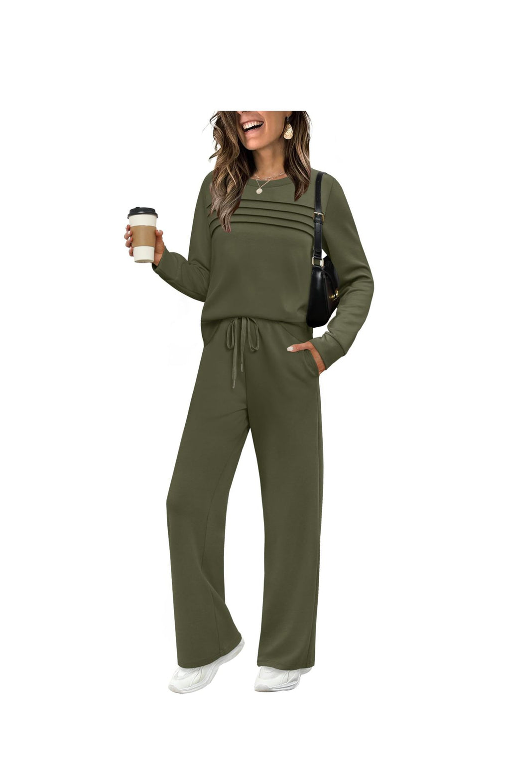 Women's Solid Color Two-Piece Set Pleated Sweatshirt and Wide-Leg Trousers Casual Knit Suit teemdrop
