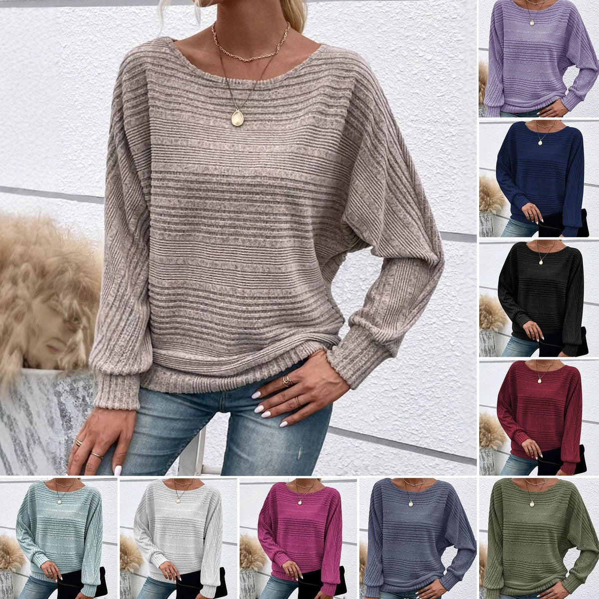 Solid-color long-sleeve knit sweater teemdrop