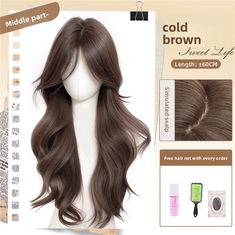 Women's Long Wavy Curly Full Head Wig Seamless Front with Bangs teemdrop