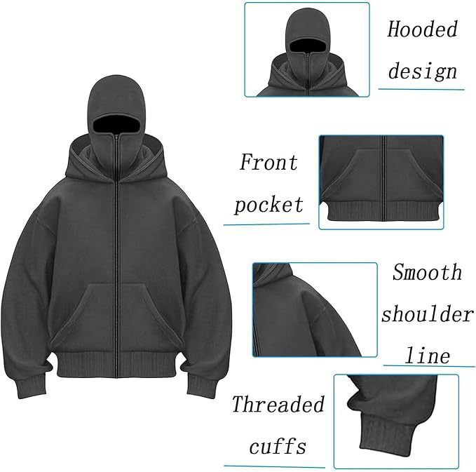 Men's Double Hood Fleece Lined Pullover Sweatshirt Loose Fit Long Sleeve