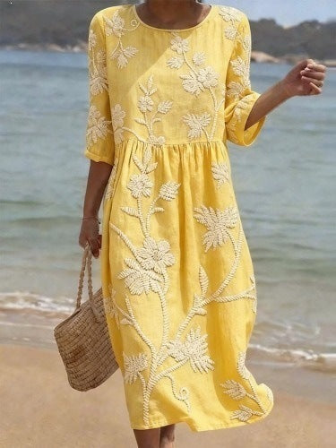 Women's floral print long-sleeved round-neck dress teemdrop