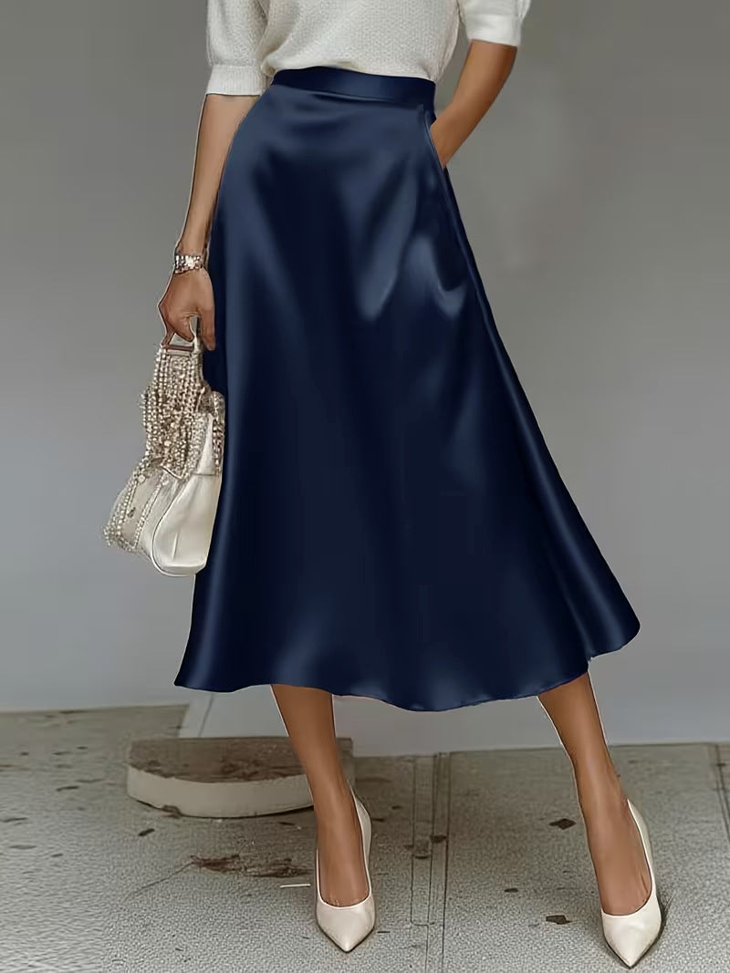 Women's Satin A-Line Midi Skirt Solid Color Elegant Workwear teemdrop