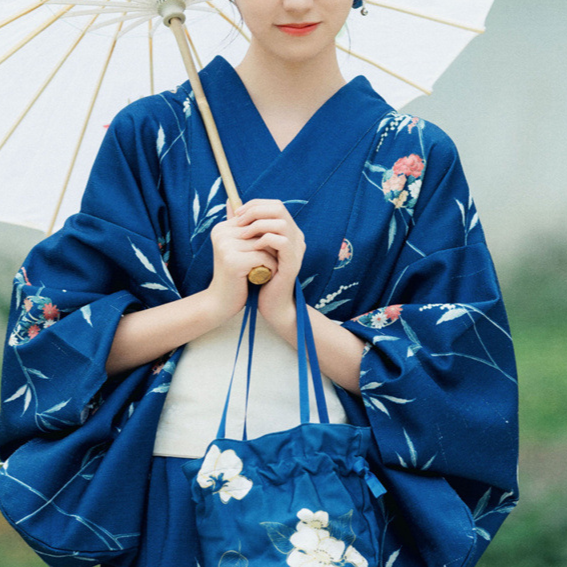 Womens Traditional Retro Japanese Camellia Print Kimono Dress with Girdle and Fan Headdress Set teemdrop