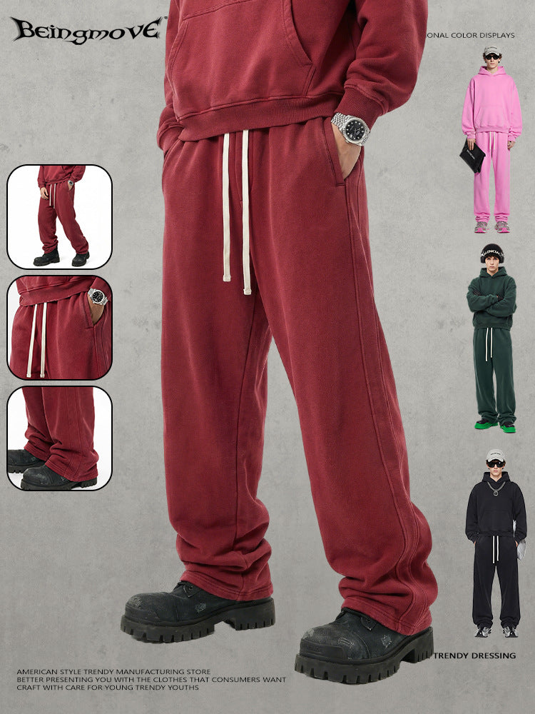 Retro Washed 400g Fleece Lined Curved Cut Straight Leg Sweatpants for Men teemdrop