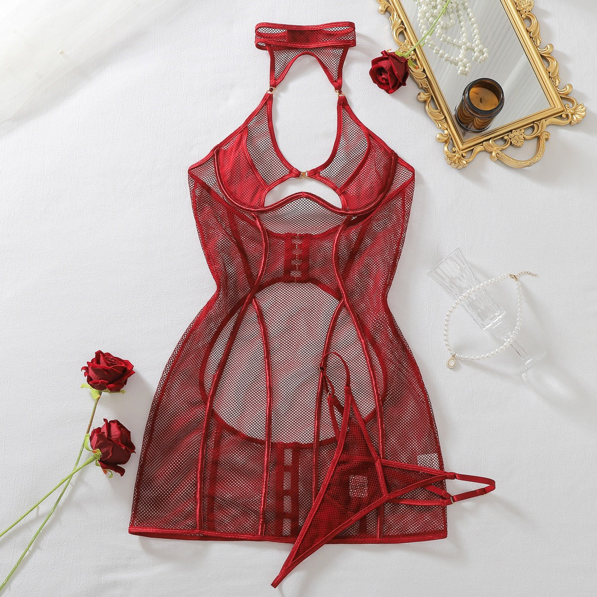 Sheer Fishnet Halter-Neck Body-Sculpting Sexy Cut-Out Bodysuit teemdrop