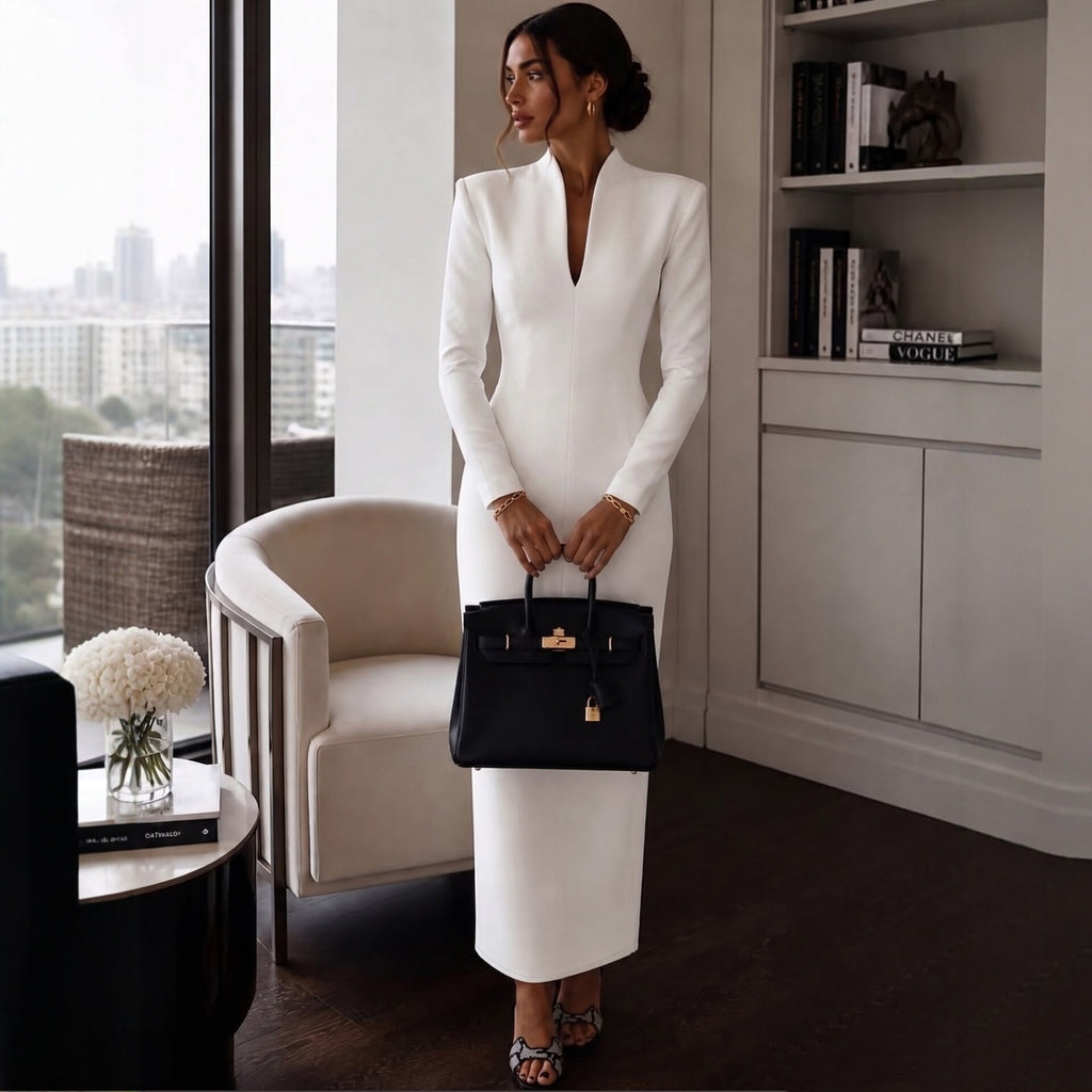 Women's Elegant Stand Collar V-Neck Long Sleeve Bodycon Dress teemdrop