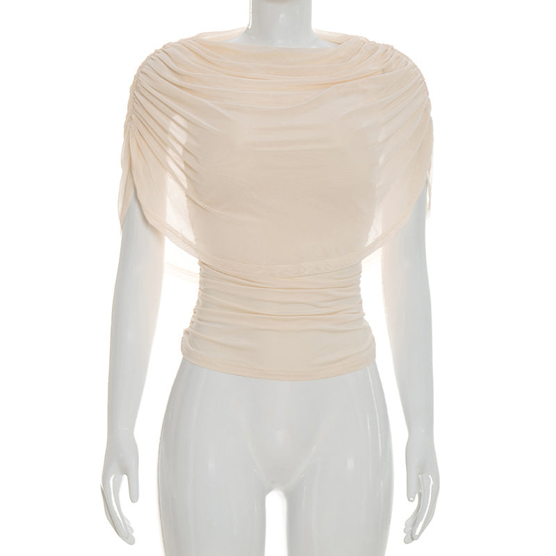 Lady's sleeveless scarf-necked pleated blouse
