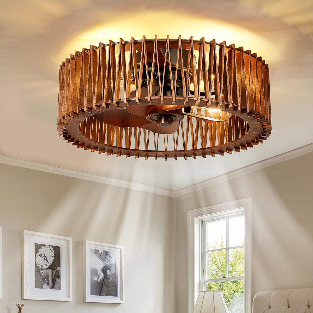 Wabi-Sabi Wooden Fan Chandelier Vintage Ceiling Lamp with Remote Control teemdrop