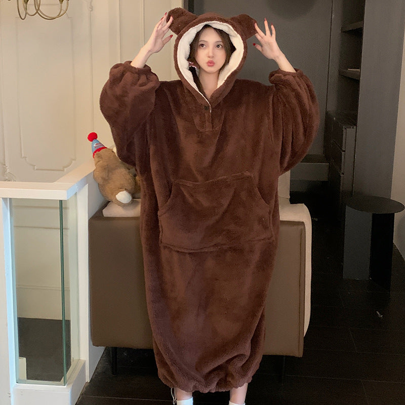 Women's Thickened Coral Fleece Hooded Nightgown Oversized Winter Warm Robe teemdrop