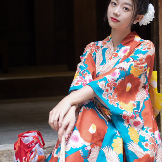 Womens Traditional Retro Japanese Camellia Print Kimono Dress with Girdle and Fan Headdress Set teemdrop