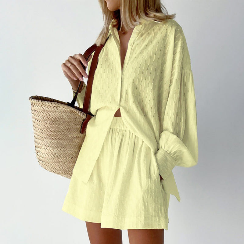 Women's Jacquard Puff Sleeve Shirt and Shorts Two-Piece Set teemdrop
