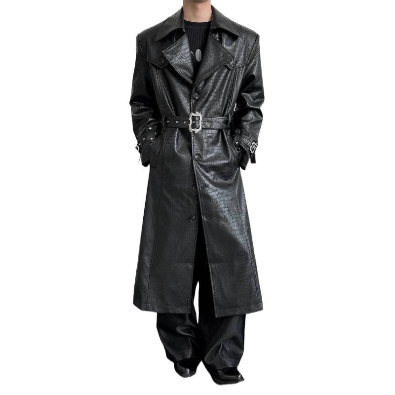 Men's Crocodile Embossed Leather Trench Coat Long Slim Fit Black teemdrop