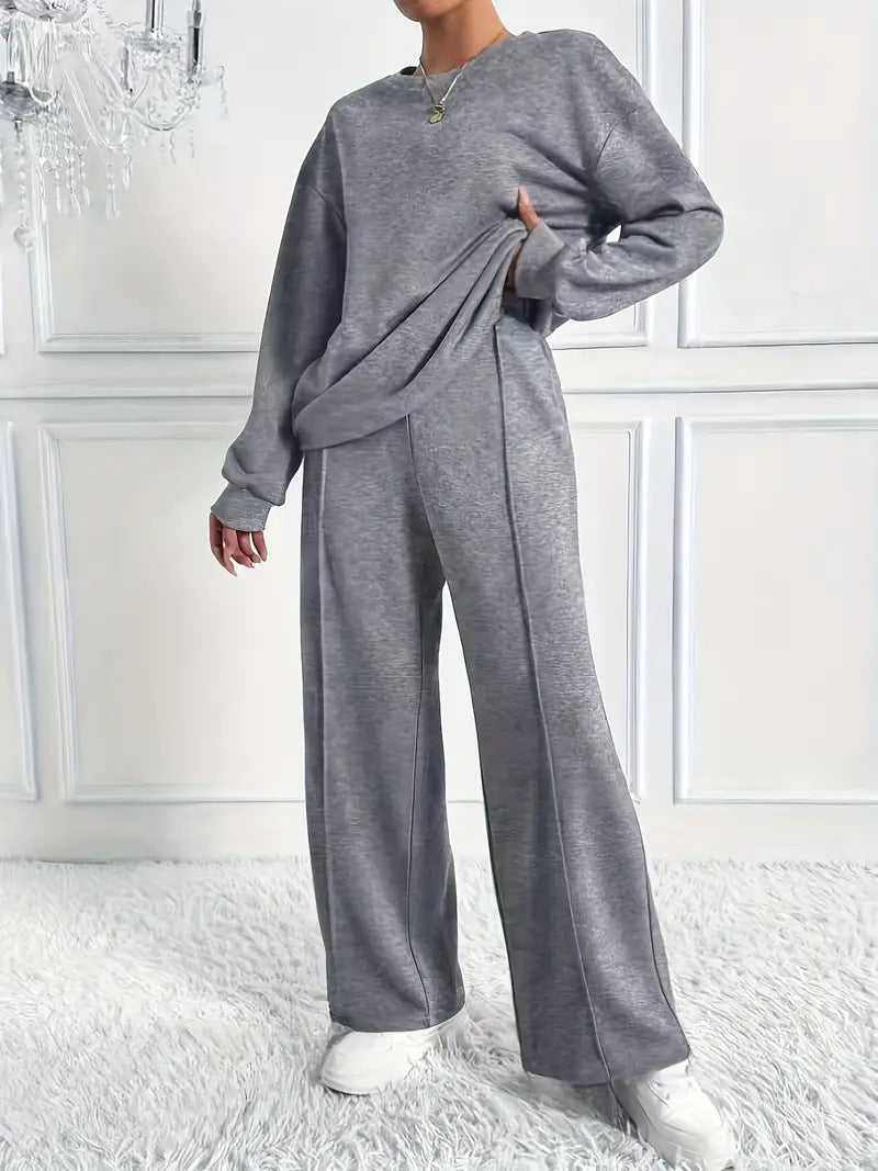 Women's Solid Color Round Neck Long Sleeve Pants Suit Casual Two-Piece Set teemdrop