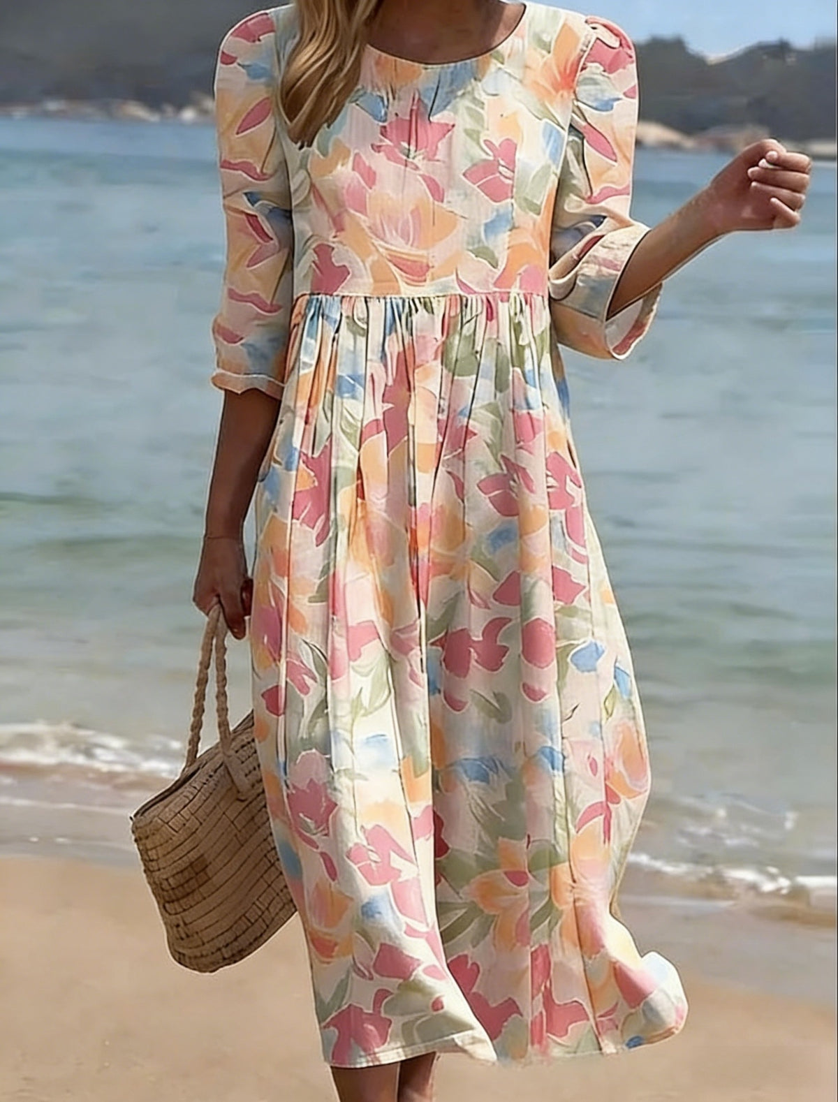 Women's floral print long-sleeved round-neck dress teemdrop