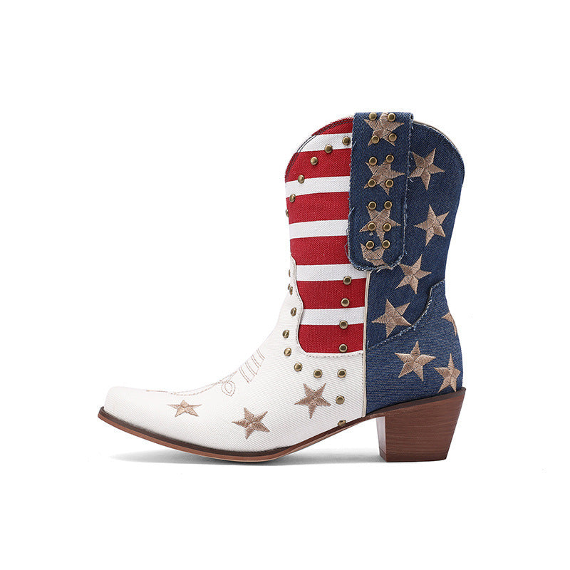 Striped Embroidered Pointed Stud Leather Boots Short Tube