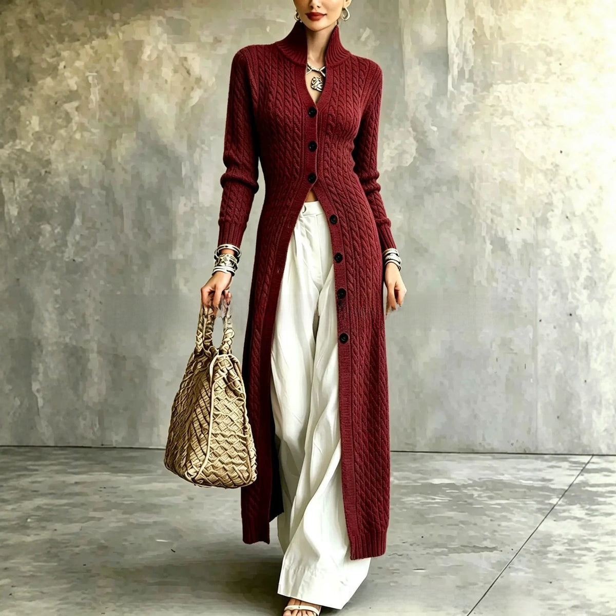Women's Twist Pattern Stand Collar Long Sleeve Sweater teemdrop