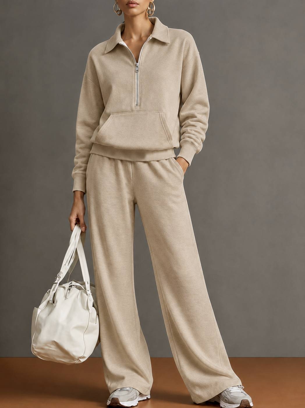Women Two-Piece Half-Zip Sweatshirt and Wide-Leg Pants Set teemdrop