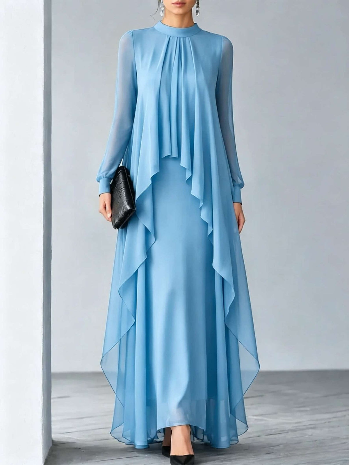 Women's Pleated Chiffon Long Dress Stand Collar Sheer Sleeve Ruffle Hem Fake Two-Piece Gown teemdrop