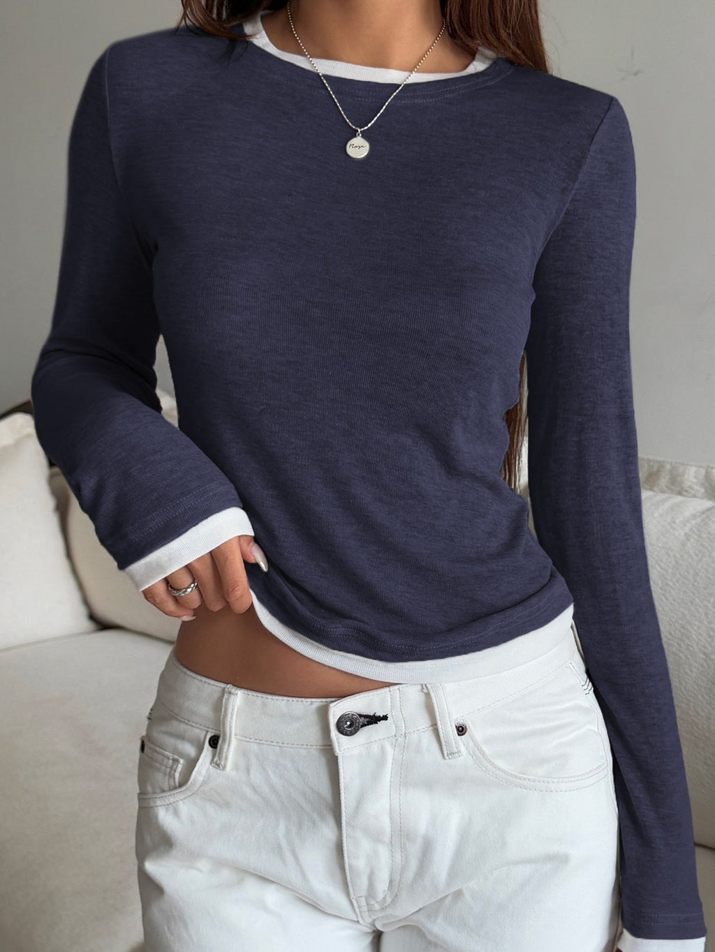 Women Color Block Fake Two Piece Long Sleeve Round Neck Slim Fit Cropped Top teemdrop