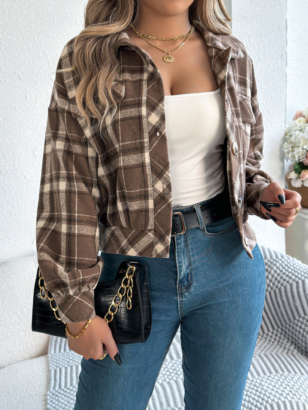 Women's Plaid Long Sleeve Lapel Woolen Jacket with Button Closure teemdrop