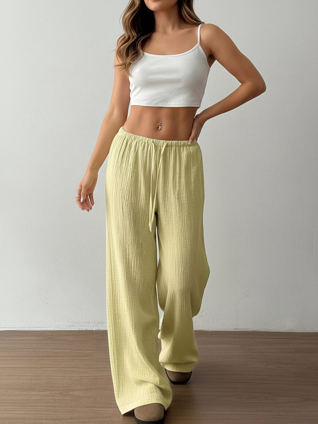 Women's Textured High Waist Drawstring Drapey Wide Leg Pants teemdrop