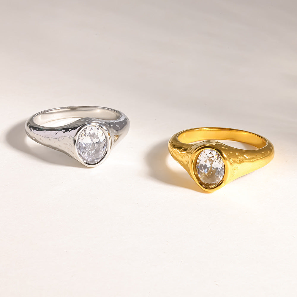 18K Gold Plated Stainless Steel Ring with Zircon Minimalist Hammered Design