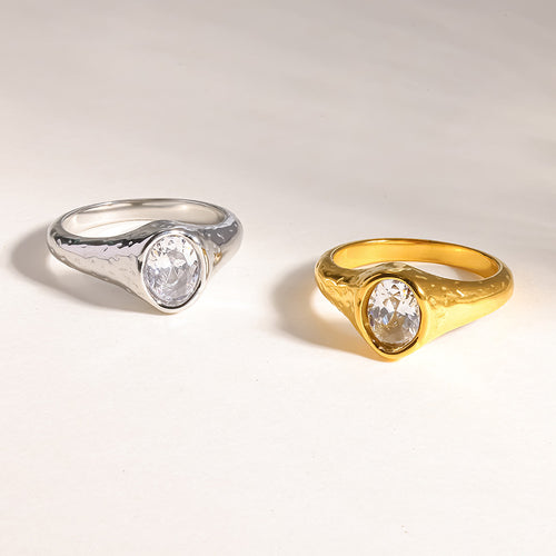 18K Gold Plated Stainless Steel Ring with Zircon Minimalist Hammered Design
