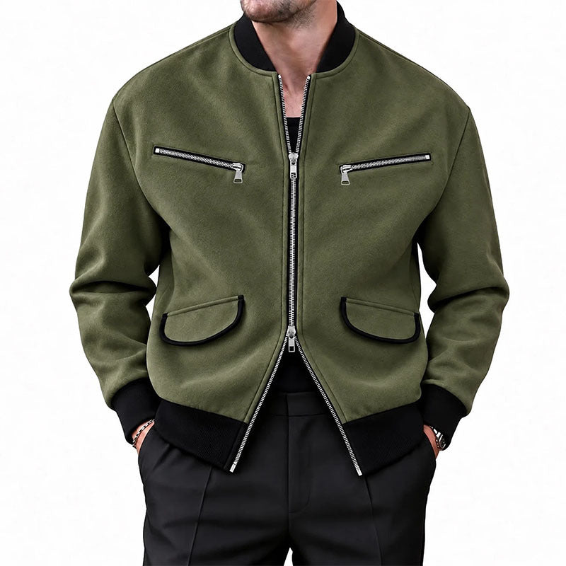 Men's Stand Collar Zipper Jacket Solid Color Casual Long Sleeve Outerwear teemdrop