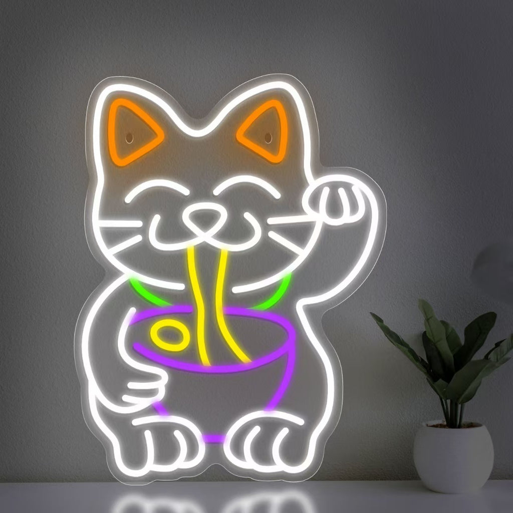USB Dimmable LED Neon Sign, Cat Eating Noodles Light, Acrylic Animal Shaped Nightlight for Home Decor teemdrop