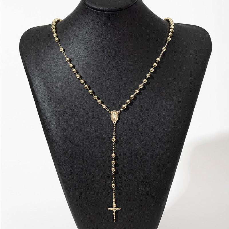 Light Luxury Gold Cross Pendant Long Bead Chain teemdrop