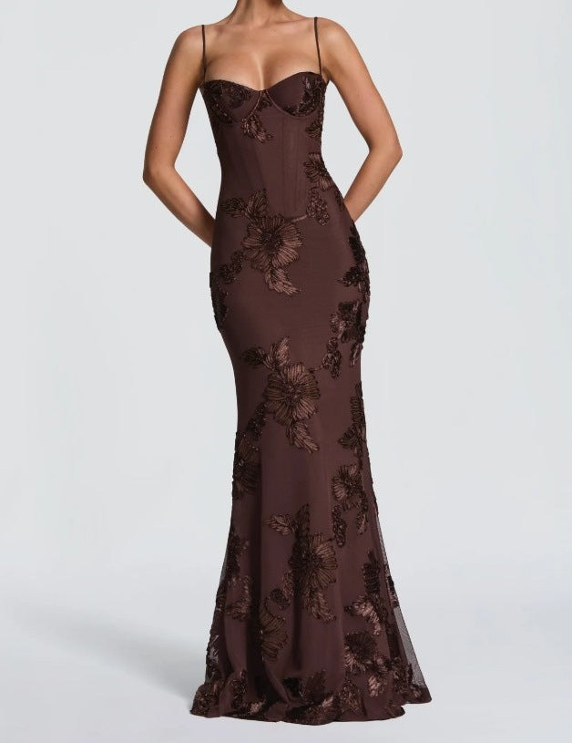 Elegant Backless Jacquard Evening Gown