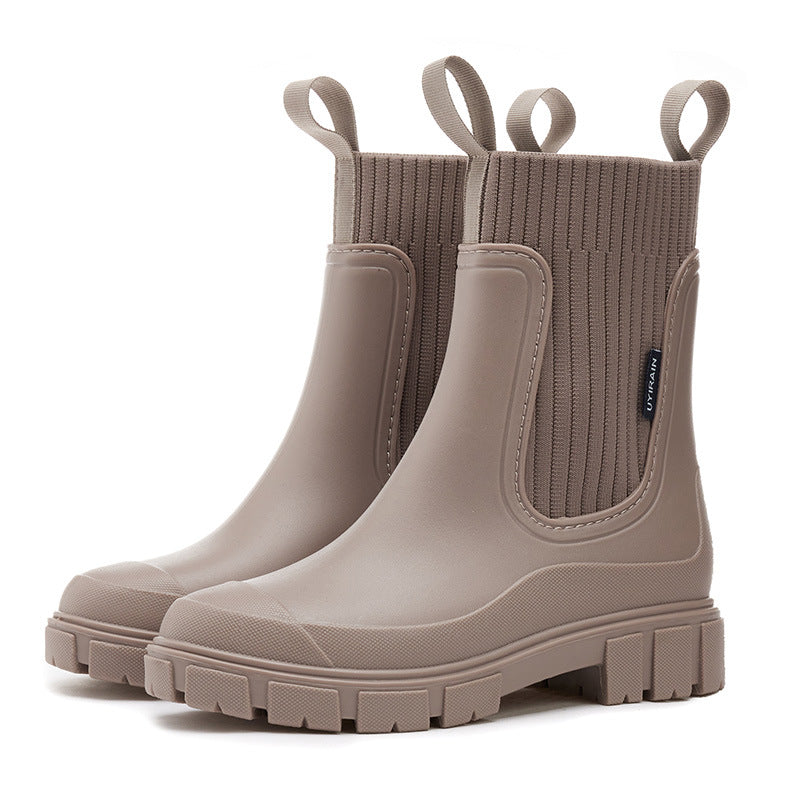 Women's Waterproof PVC Mid-Calf Rain Boots Non-Slip Solid Chelsea Boots teemdrop