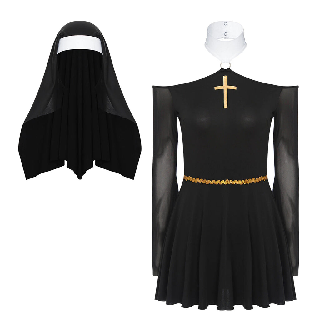 Women's Nun Costume Dress with Headscarf for Halloween Stage Performance