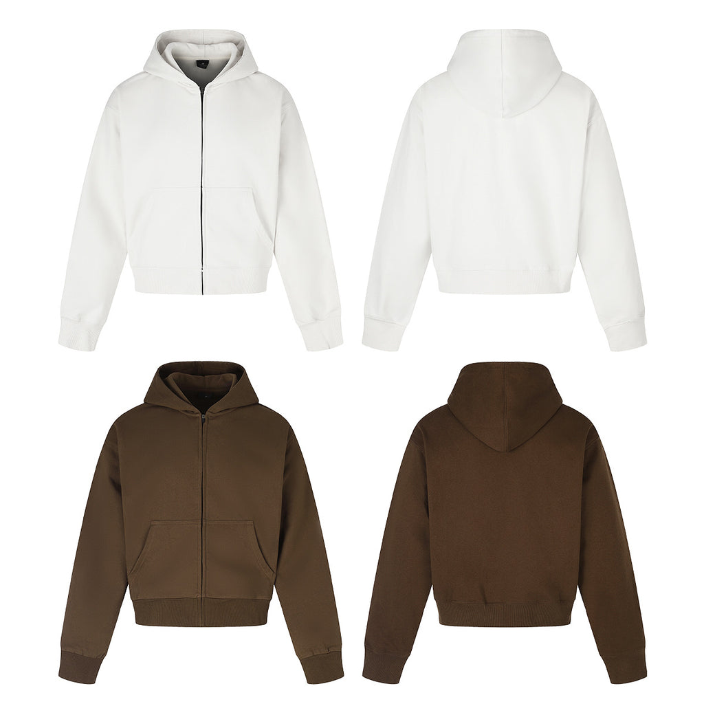 Retro Short Zip-Up Hoodie Solid Color Loose Fit Casual Jacket for Adults teemdrop