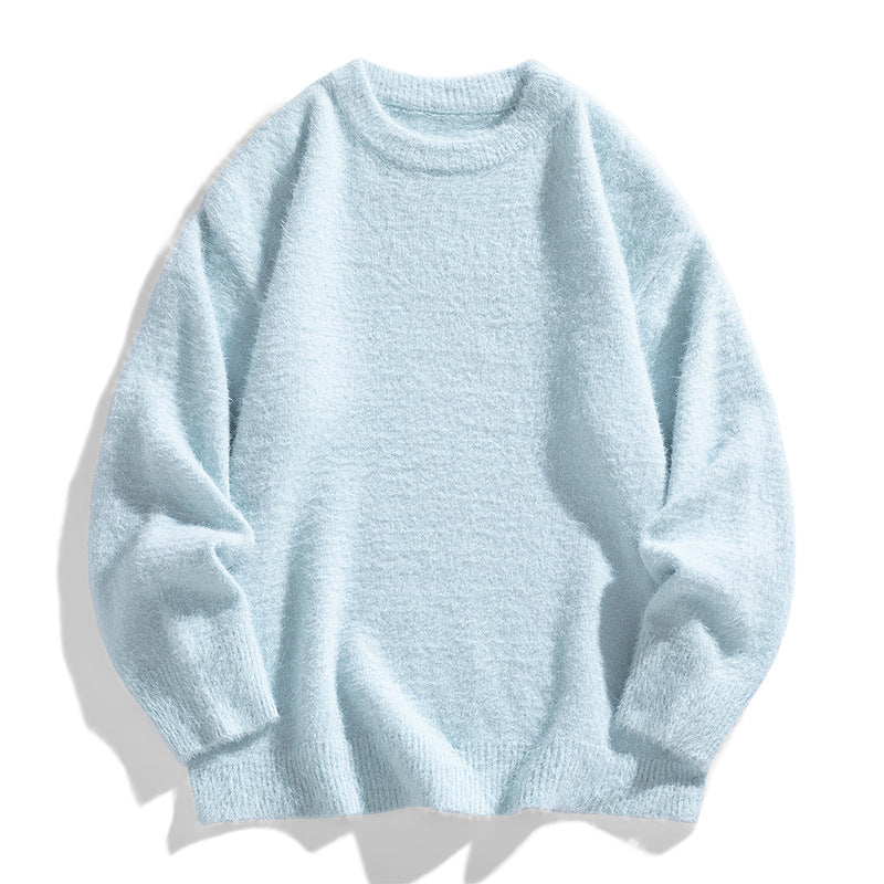 Men's Round Neck Pullover Solid Color Thickened Mink Mohair Knit Sweater teemdrop