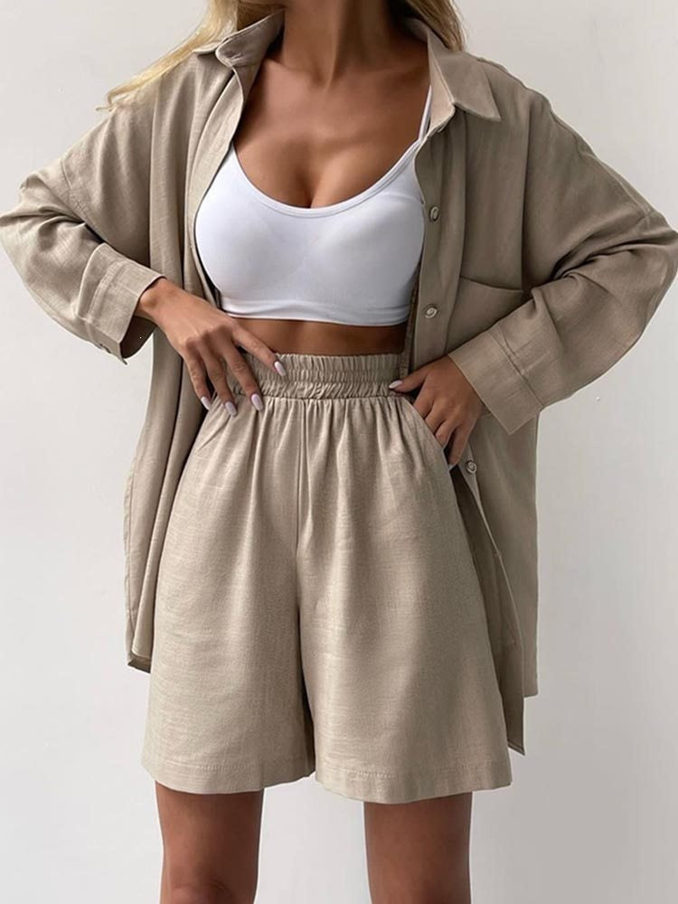 Women's Solid Lapel Shirt and High-Waist Shorts Casual Two-Piece Set teemdrop