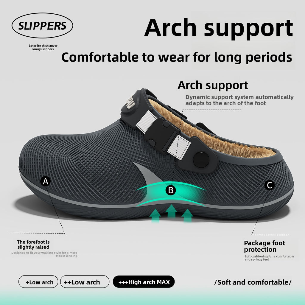 One dark grey textured plastic slipper with a tan fleece lining and a black heel strap featuring white accents.