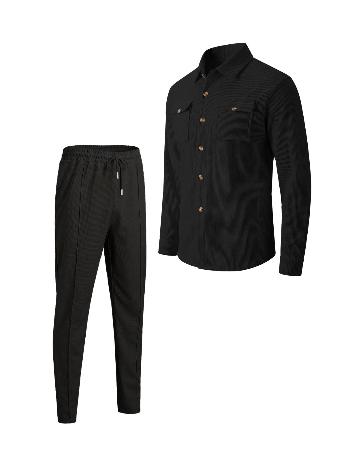 Men's Casual Waffle Solid Color Track Suit Long Sleeve Lapel Jacket and Pants Two-Piece Set teemdrop
